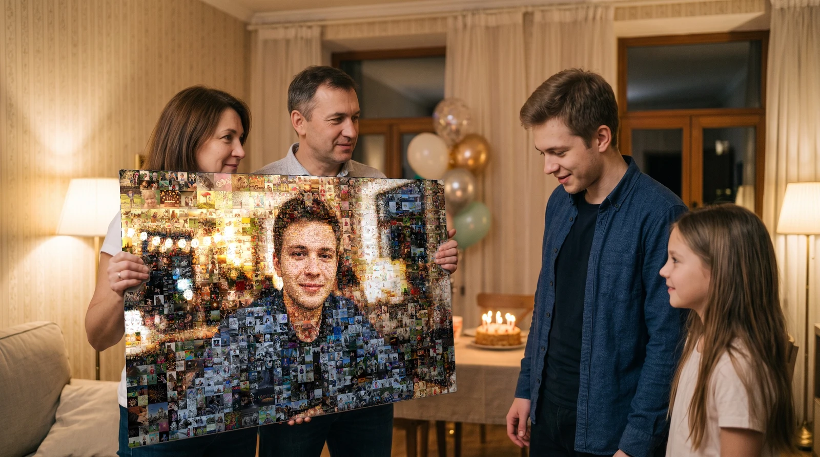 Родители и младшая сестра дарят сыну на 18 лет холст с мозаикой: его портрет, сложенный из сотен фотографий