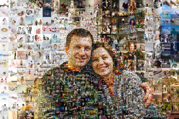 Картина из фотографий по домашнему снимку пары на диване, мозаика видна и на лицах