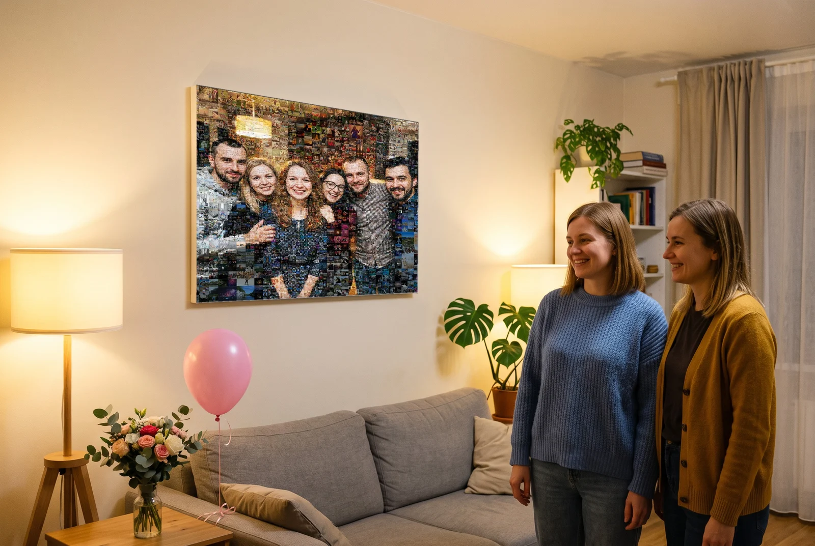 Коллаж из фотографий на холсте на стене гостиной: мозаичный фотоколлаж из сотен снимков