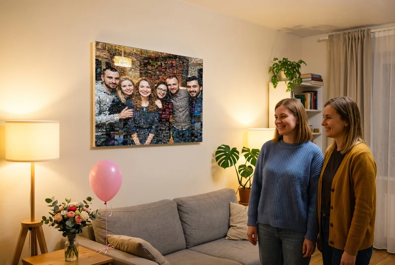 Готовый коллаж из фотографий на холсте на стене