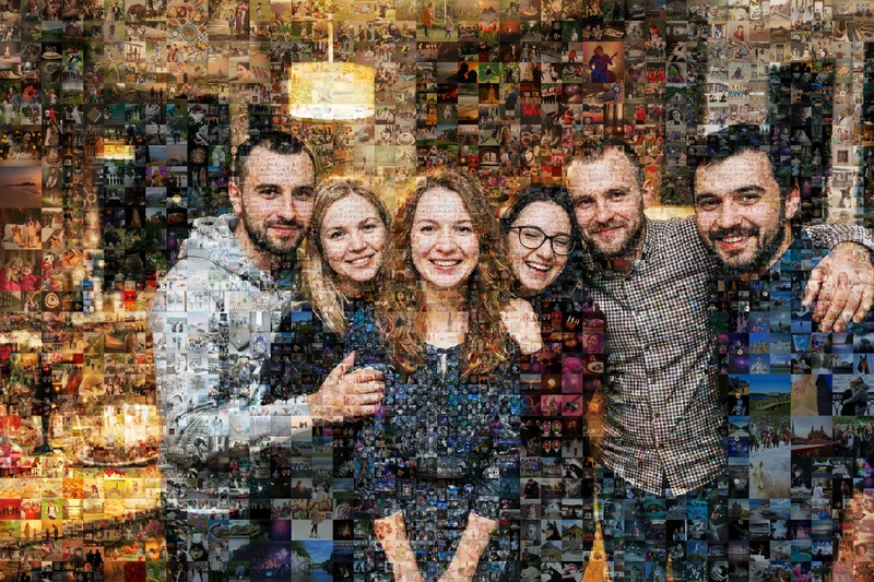 Коллаж из фото на холсте в обычном стиле: снимки разного размера, мельче на лицах