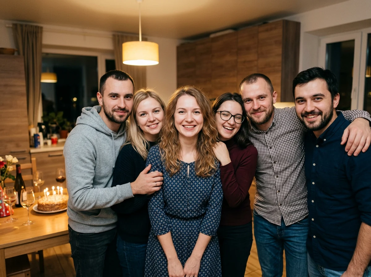 Фотоколлаж на день рождения начинается с общего снимка: именинница в обнимку с пятью друзьями