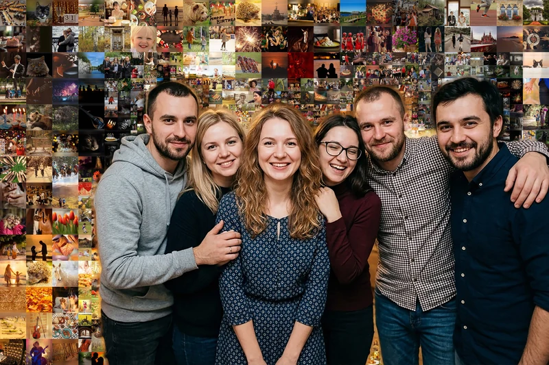 Фотоколлаж в стиле «чистое лицо»: лица нетронуты, маленькие фотографии вокруг