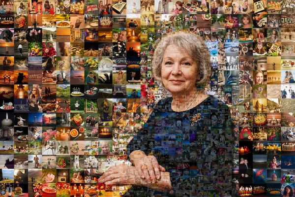 Портрет мамы из семейных фотографий, вариант «лица мягкие»: лицо собрано из снимков, но читается чисто